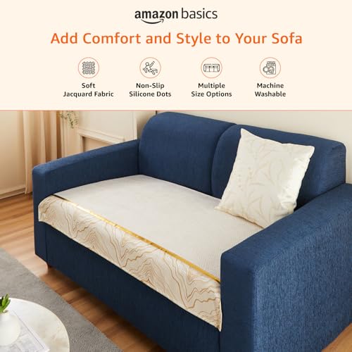 Image of Amazon Basics Knitted Fabric Sofa Cover for Two Seater, Classic Plaid, Non-Slip Sofa Pad, 70x120 cm, Soft Silicone Grip Dots, 100% Polyester, Machine Washable - Off-White