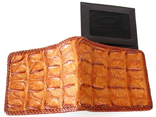 Julie Genuine Real Bone Crocodile Skin Leather Man Bifold Golden Tan Knit Edges Wallet4