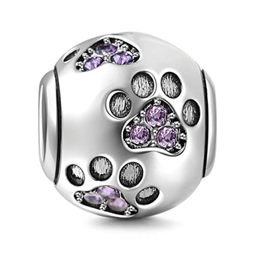 925 Sterling Silver Dog Charm Paw Charm Pet Charm Animal Charm Anniversary Charm Christmas Charm for Pandora Charms Bracelet (Purple)