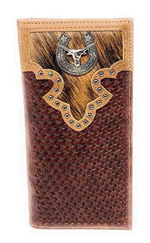 Western Men's Cow Fur Genuine Leather Basketweave Bifold Wallet in Multi Emblem (Coffee Longhorn)