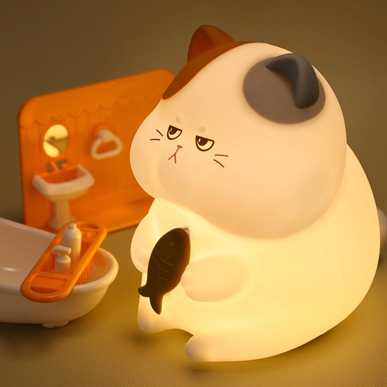 Desidiya Cat Shaped Night Light,3 Brightness Levels, USB Rechargeable, Silicone Kitty with Fish Kids Night Light Birthday Gifts Boys Girls Valentine Gifting Soft Touch Lamp, Soft BPA-Free Nightlight