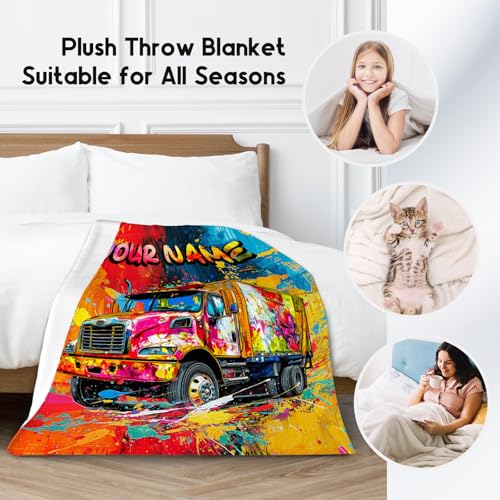 Kids Blanket Truck Blankets for Boys Toddler Custom Gifts with Name - Soft Flannel Throw for Couch, Bed - 4 Sizes