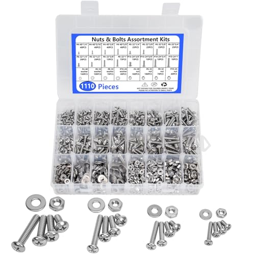 1110PCS Nuts and Bolts Assortment Kits, Stainless Steel Hardware Assortment Kit with Assorted Screws, Nuts, Bolts and Washers（#4-40#6-32#8-32#10-24） Storage Case