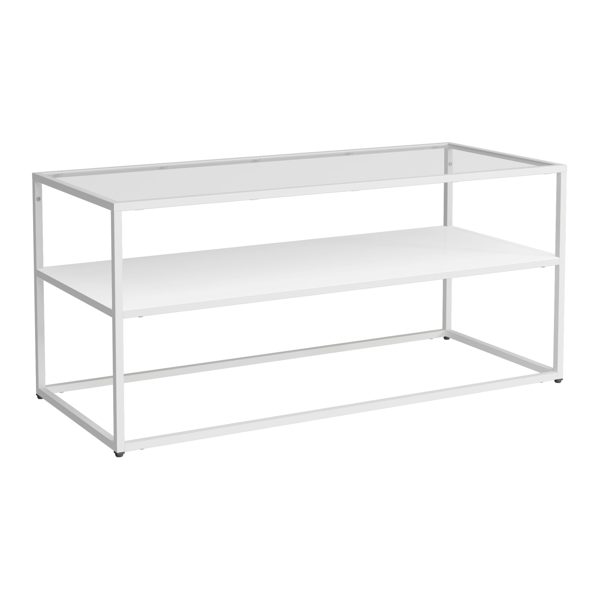 [en.casa] Mesa de Centro Solund Rectangular con 1 Estante Diseño Industrial Mesa Baja para Salón Sala de Espera Tablero de Cristal Templado Acero 102 x 43 x 46 cm - Blanco Mate