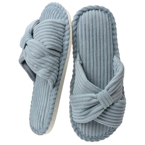 House Slippers for Women Corduroy Cross Bow Indoor Slippers Open Toe Slip On Bedroom Shoes with Memory Foam