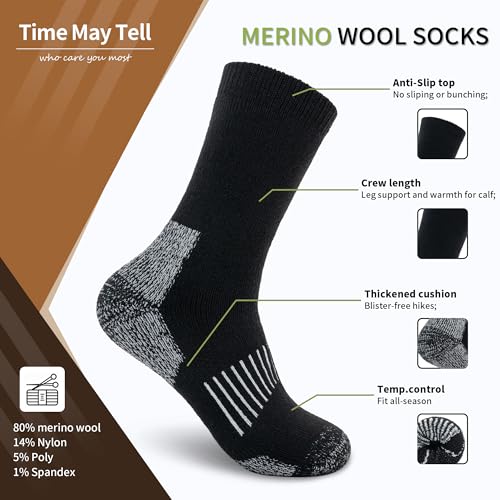 Image of Time May Tell Mens Merino Wool Hiking Cushion Socks Thermal Warm Crew Winter Boot Socks Pack (2 /4 Pair,6-13 Size)