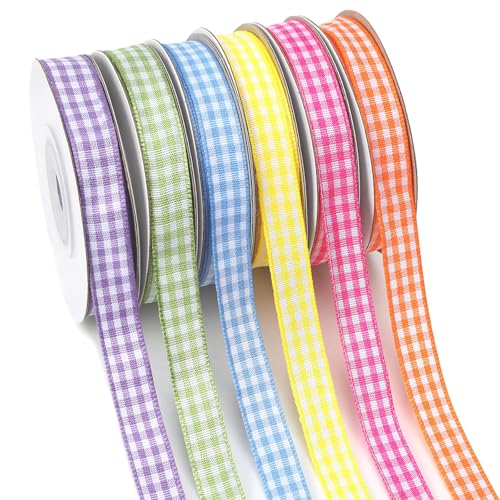 DECYOOL Gingham Ribbon 6 Rolls 60 Yards Spring Plaid Ribbon for Gift Crafts