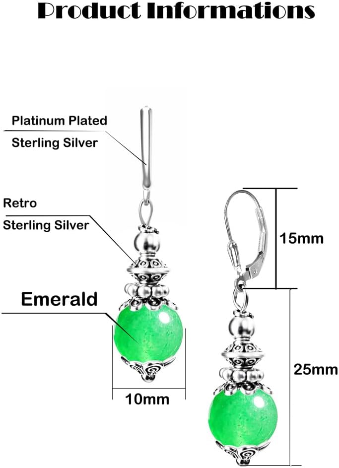 Natural Round Stone Bead Drop Earrings,Silver Dainty Genuine Real Gemstone Quartz Crystal Boho Bohemian Dangle Earrings Jewelry for Women - Image 7