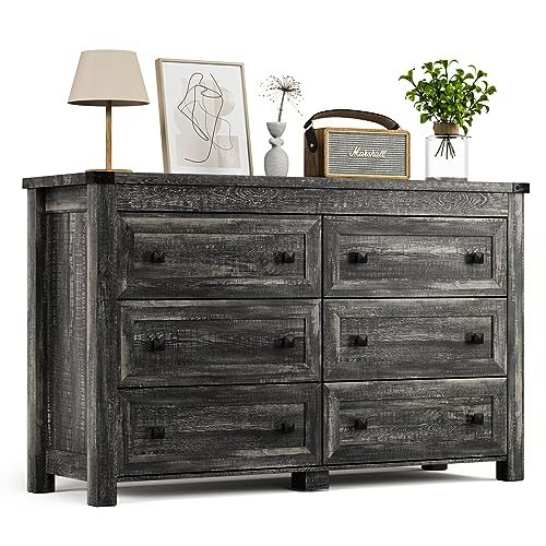Image of HUANLEGO Grey Dresser for Bedroom with 6 Drawers, Farmhouse Wood Dressers Bedroom Furniture 6 Chest of Drawers, Rustic Wide Storage Drawers Dressers Organizer for Closet, Living Room, Hallway
