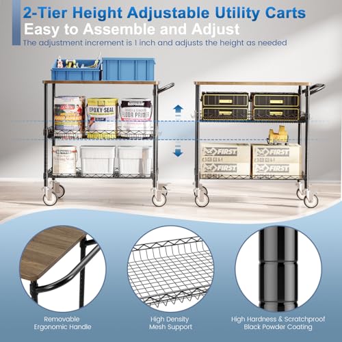 Image of Rolling Kitchen Carts with Wheels, 3-Tier Utility Cart with Wood Tabletop