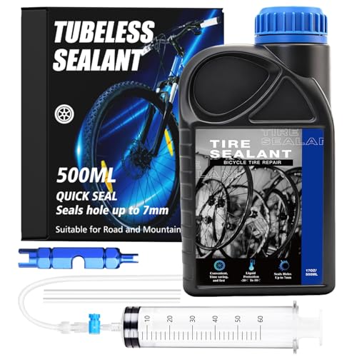 Scalnuvyyh Tubeless Tyre Sealant 500ml Tubeless Sealant Fast Seals Air Holes Up to 7 mm Long-lasting Tyre sealant with Tubeless Sealant Injector Suitable for Mountain Bike and Road Bike Tires