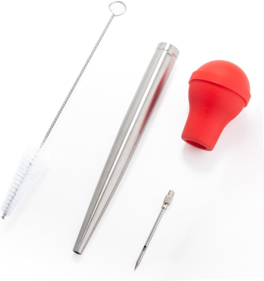 Stainless Steel Turkey Baster with Food Grade Silicone Tube and Cleaning Brush Marinade Injector for Juicy Meat Flavoring Cooking Tool for Home and Restaurant Kitchen Red
