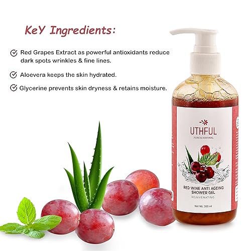 Image of RED WINE ANTI AGEING HERBAL BODY WASH, SHOWER GEL | For Men & Women | Rejuvenating, Moisturizing Body Wash, Shower Gel with Red Grapes Extract, Aloevera & Glycerine | Radiant Younger looking Skin, Rich & Warming Fragrance, Pure & Natural Body Wash | Suitable for All Skin types, 300 ML|