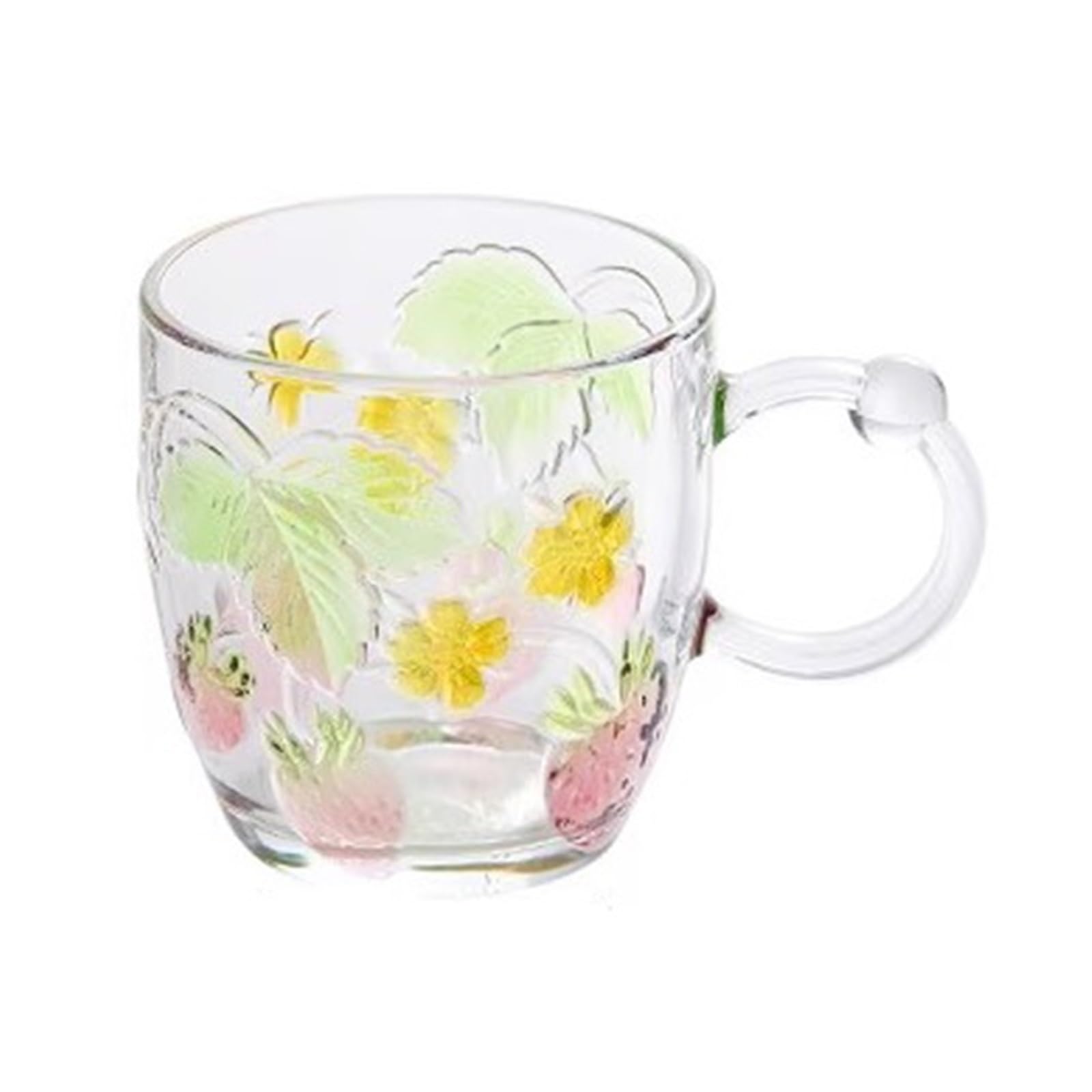 Taza de vidrio pintada a mano relieve de fresa y cristal transparente 355 ml