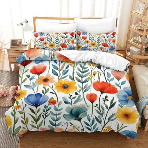 Housse de couette 3 pièces fleurs aquarelle 3D microfibre 200x200 - 2