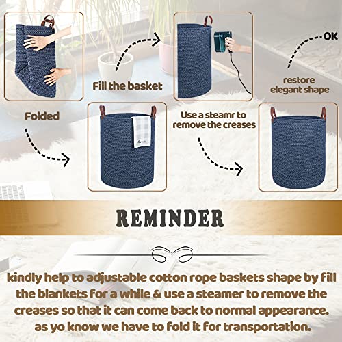 Caroeas Xx-Large Cotton Rope Basket, 20'' X 16'' Rope Baskets With Leather Handles, 80L Woven Baby Laundry Blanket Basket, Woven Basket For Toys, Collapsible Rope Laundry Basket (Blue) #TOP5