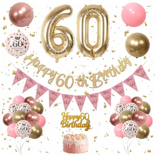 60th Birthday Decoration for Women  Gold Retro Pink Balloons with Happy 70th Birthday Banner Confetti Latex Balloons Cake Topper for Women Party Decorations