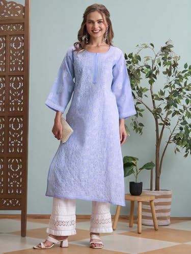 Image of Ada Women's Cotton Straight Fit Straight Hand Embroidered Lucknowi Chikankari Kurta Kurti A411165