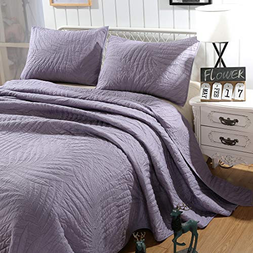 Vctops 3 Piece Queen Size Quilt Set Cotton Leaf Embroidered Ultra Soft Quilted Bedspread All Season Lightweight Coverlet Set 1 Quilt And 2 Pillow Shams (Purple,88" X 92") #TOP1