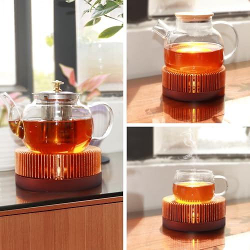 Image of Tea Warmer, Aluminum Alloy & Wood, for Heating Tea Coffee Milk | Pack of 2, Large Teapot Warmer for Indoor & Outdoor, Compatible with Standard Teapots