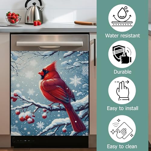 Image of Dishwasher Magnets Decorative Cover,Red Cardinal Refrigerator Magnet Cover,Washable Winter Berry Dishwasher Front Panel Cover Home Kitchen Decoration 23x26 Inch