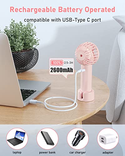 Coohea Handheld Fan Mini Portable Fan Usb Rechargeable 2600Mah Battery Personal Fan 3 Speed Powerful Small Desk Fan With Base Cute Cooling Fan For Eyelash Makeup Travel Beach Indoor Outdoor, Pink #TOP3