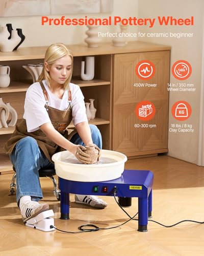 Image of VEVOR 14in Pottery Wheel for Adults Beginners, 0-6in Height-Adjustable, 450W Pottery Forming Machine 60-300RPM Electric Ceramic Wheel, Blue