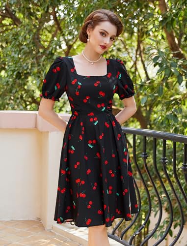 Image of Belle Poque Women's Vintage Midi Cottagecore Cocktail Dresses | Belle Poque Women's Vintage Cottage Core Dress,A-line,Midi,Square Neck,Homecoming Dress,Cocktail Dress,Sun Dress