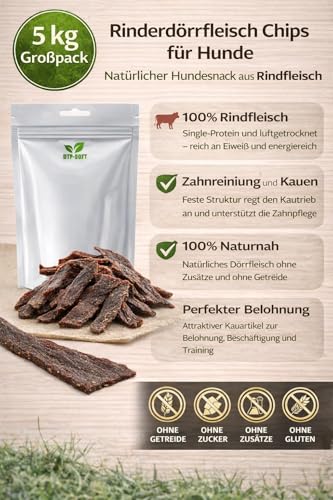 Rinderdörrfleisch Chips für Hunde 5 kg - natürlicher Hundesnack aus Rindfleisch, proteinreicher Kausnack für Belohnung und Zahnpflege - Dozer Hundefutter