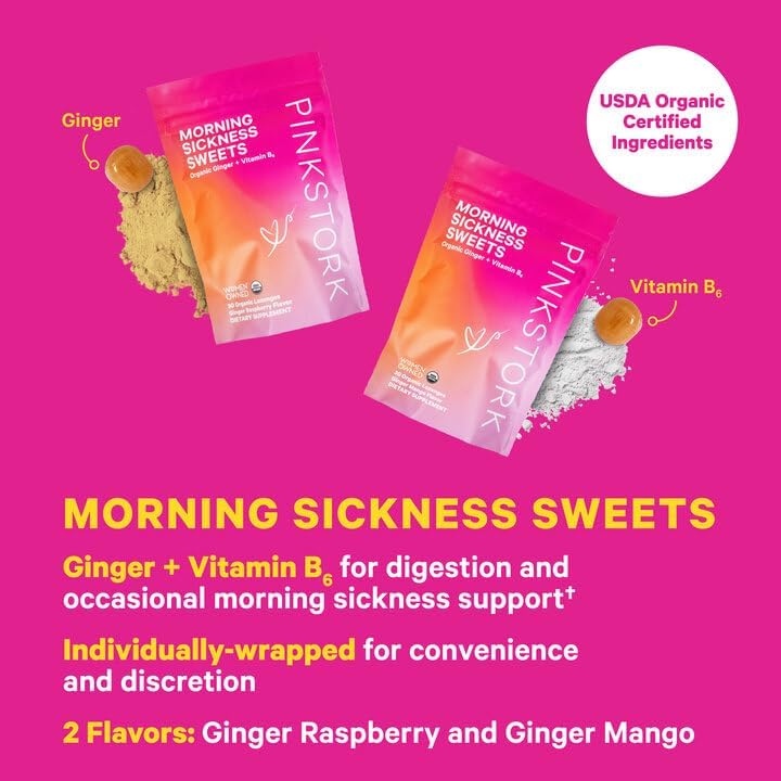 Pink Stork Morning Sickness Bundle with Organic Ginger Peach Tea and Sweets, Supports Morning Sickness for Pregnant Women, Digestion, and Motion Sickness, 1st Trimester Pregnancy Must Haves, Set of 3
