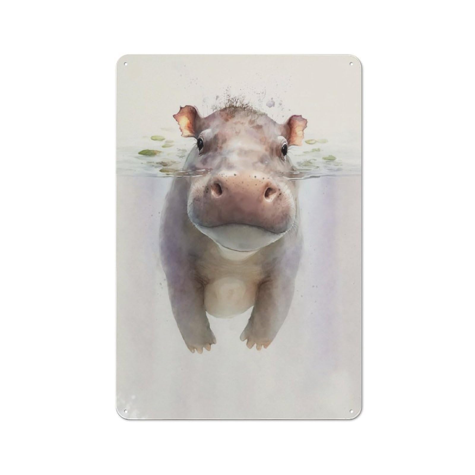 Junmoney Cute Hippo Baby Painting Country Vintage Metal Wall Decor 30X20cm, Country Metal Sign For Kitchen, Cottage, Porch Or Garden Room