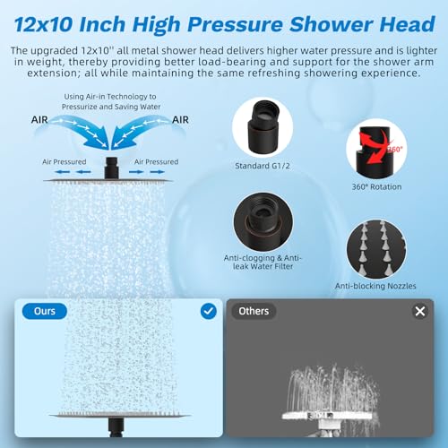 Image of Hibbent High Pressue All Metal 12 inch Rainfall Shower Head, Handheld 10-Spray | cUPC Certified Oil-Rubbed Bronze Dual Showerhead Combo, 4-way Diverter with Pause Mode, Extension Arm, 71'' Hose & Holder