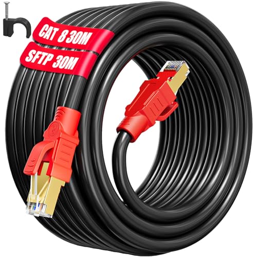 Kabel Ethernet 30m, Cat 8 Kabel Sieciowy 30 Metrów Szybki Ekranowany SFTP Kabel Internetowy POE Czarny Kabel RJ45 Gigabit LAN 40Gb/s 2000MHz, kompatybilny z routerem, przełącznikiem (30 klipsów)