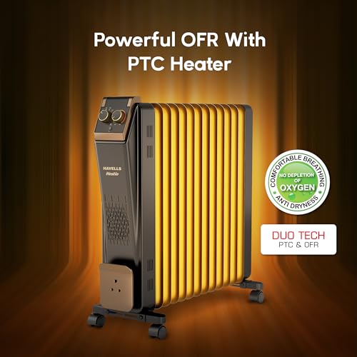 Image of Havells 13 Fin Oil Filled Room Heater (OFR) | Advanced New U-Tech Fast Heating Fins with 10-Year Warranty | 2900W | ISI Approved | PTC Fan Heater | Inclined Control Panel | Black