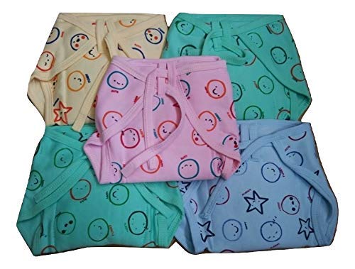 Gilli Shopee Cotton Padded Nappies,Langot Washable Reusable Cotton Diaper Nappy Pack of 5 (Print Ship as per Stock Available) (White_Prited, 0-3 Months)