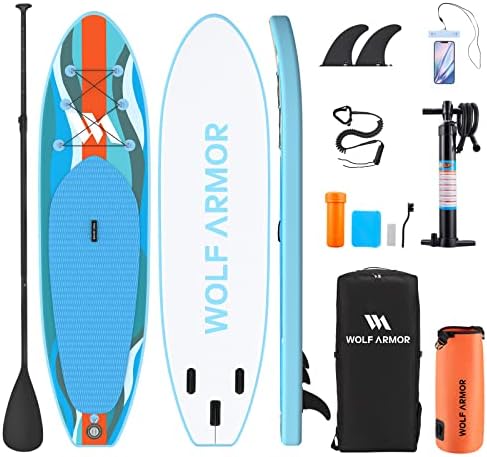 WOLF ARMOR Inflatable Stand Up Paddleboard with SUP Accessories&Backpack,Waterproof Bag,Adjustable Paddle, Removable Fin,Antislip Deck, Safety Leash, Hand Pump, Standing Boat for Youth and Adult