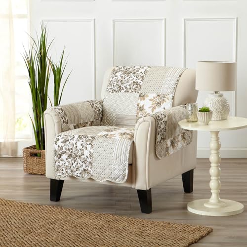 Image of Great Bay Home Reversible Patchwork Chair Cover - Washable Slipcover Furniture Protector with Elastic Straps - Perfect for Kids & Pets - Box-Stitched Detail (Taupe)