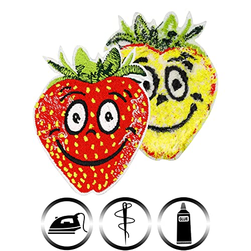 Image of Strawberry Iron-on /sew on Patch cuutr Fruit Kids Patches for All Fabrics and Leather | Children Fabric Decoration Sticker to Iron on for Clothing and Costumes | Fabric Applique | 2.16x2.75 in