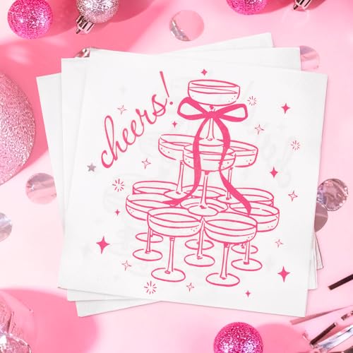 FYSUIMU 50 Pcs Pink Cheers Cocktail Napkins Paper Napkins Champagne Tower Bow Disposable Decorative Beverage Napkin for Bachelorette Party Wedding Bridal Shower Birthday Bar Supplies