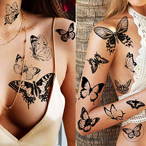 Coktak 6 Sheets Large Black Butterfly Temporary Tattoos For Women Boobs Girls Neck Adults, Sexy Realistic Butterfly Temp Tattoos Sticker Back Waist, 3D Fake Tattoos That Look Real And Last Long #TOP4