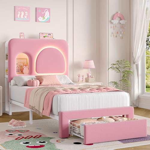Image of Keyluv Twin Size LED Bed Frame for Girls with Storage Bookcase Headboard&Charging Station, Velvet Upholstered Platform Bed with Large Drawer &USB Ports, Sturdy Metal Support, No Box Spring Need, Pink