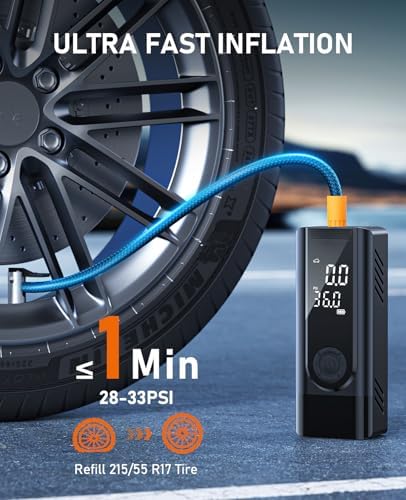 Accessories included with the tire inflator: nozzles, hose, cables, and storage bag