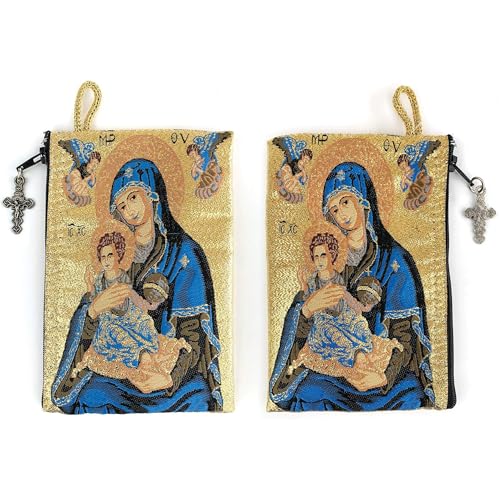 Catholic Rosary Pouch Saint Joseph and Baby Jesus & Madonna and Child 4 x 6 Jewelry & Coin Purse with Cross Small Woven Tapestry Icon Bag Bolsa de Rosario Catlico para Joyera