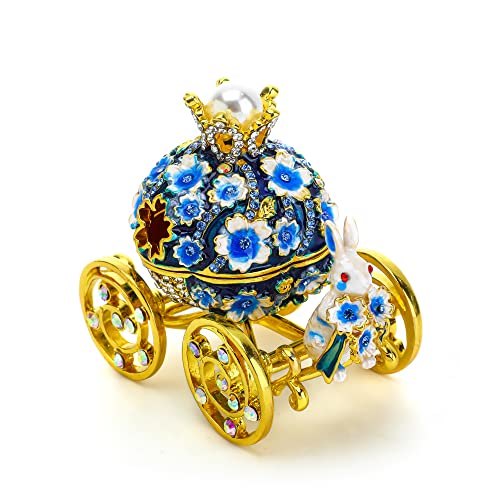 Image of YU FENG 3'' Hand Painted Enamel Pumpkin Carriage Trinket Box With Bunny Flowers Hinged Jewelry Organizer with Crystals Ring Earrings Storage Home Decor Figurine Keepsake Collectible