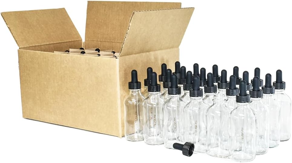 GlassBottleOutlet (Pack of 24) 4 oz. Clear Boston Round with Nitrile Rubber Black Graduated Glass Dropper