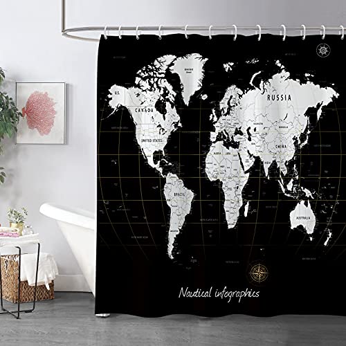 Zokyer World Map Shower Curtain Black And White Detailed Major Cities Nautical Infographics Polyester Waterproof Plastic 12 Hooks (60Wx72L) #TOP1