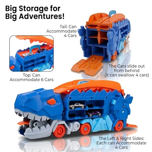 Image of WireScorts Dinosaur Planet Dino Transporter Truck Toy with Track - Push & Go Dinosaur Car Carrier with 2 Die-Cast Cars, Deformation into Race Track - Toddler Toy Gift for Boys Ages 3-6