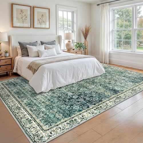 Green Blue 9x12 Area Rug, Vintage Floral Washable Rugs for Living Room Non-Slip Ultra Soft Bedroom Tribal Traditional Farmhouse Carpet for Dining Room Office Home Décor