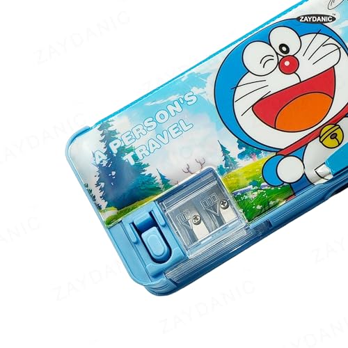 Image of Doraemon Pencil Box Integrated Sharpener and Calculator, Magnetic Lock, Dual Compartments, Cartoon Stationery Case School Kit for Girls, Kids, Students Combo Set of 5in1