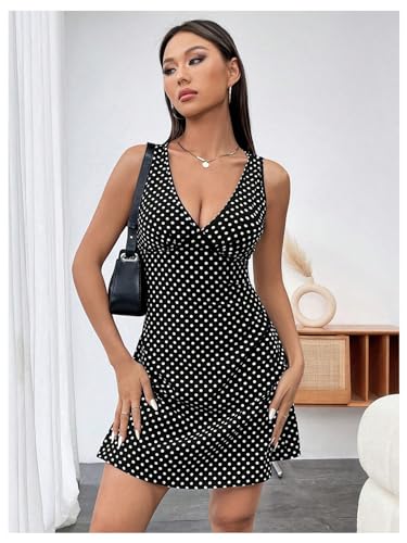 Image of MakeMeChic Women's Polka Dots Dresses V Neck Sleeveless Summer A Line Mini Dresses